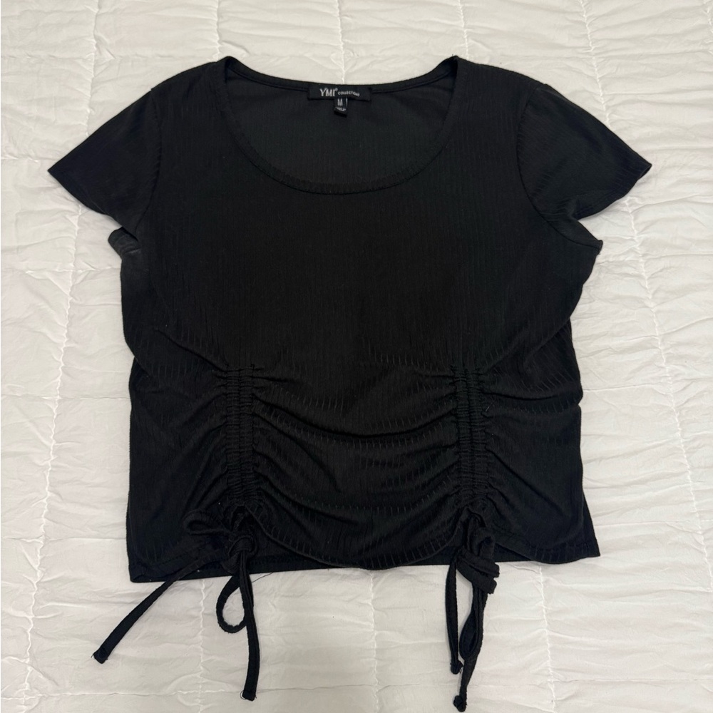 YMI Black Ruched Tie Front Cap Sleeve Tee